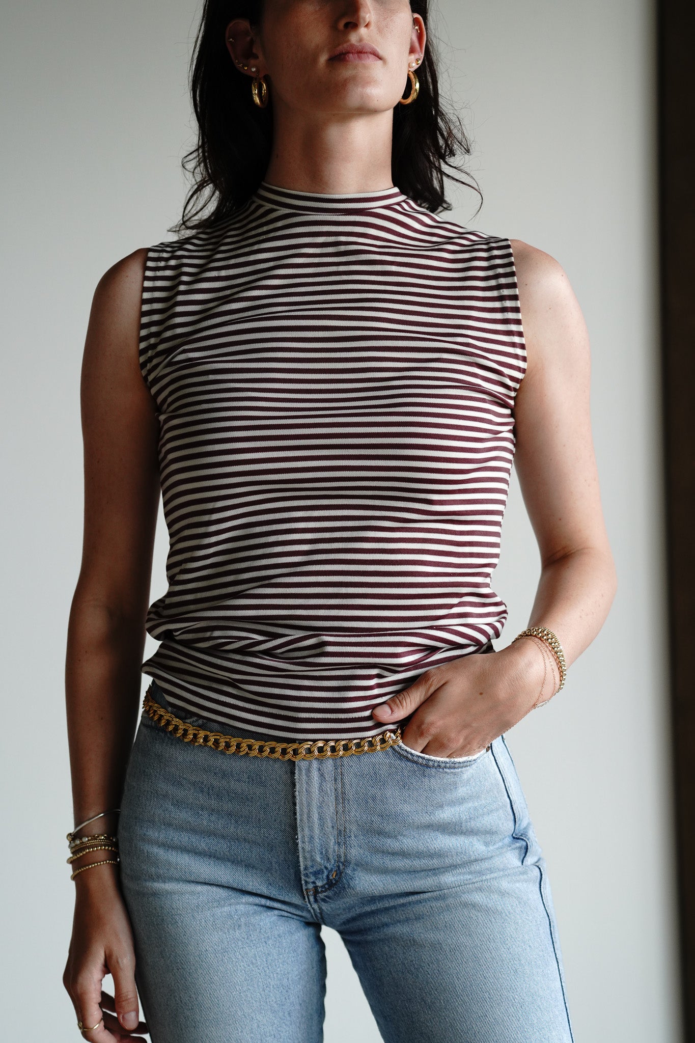 Vintage Striped Mock Neck Top