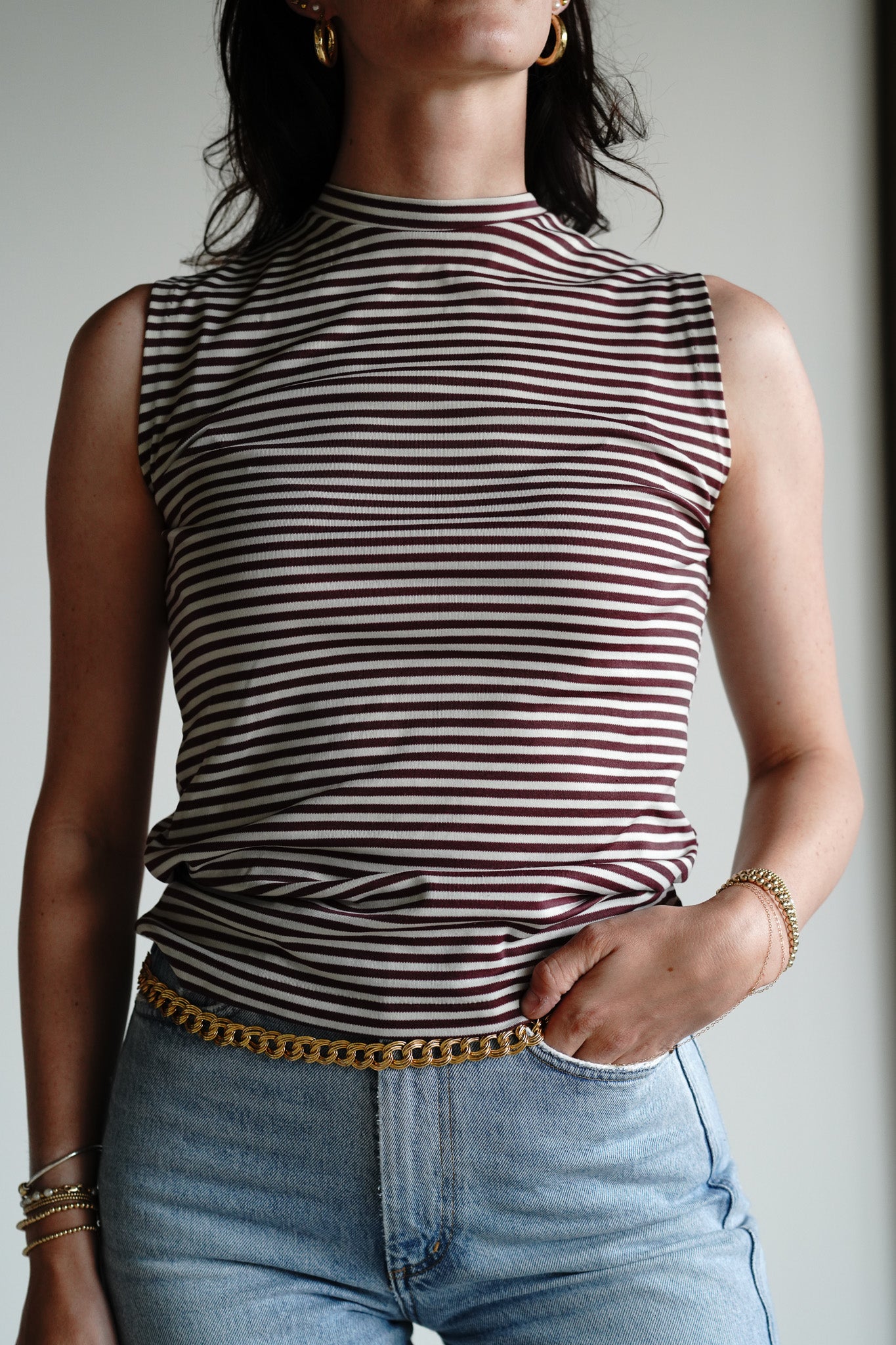 Vintage Striped Mock Neck Top