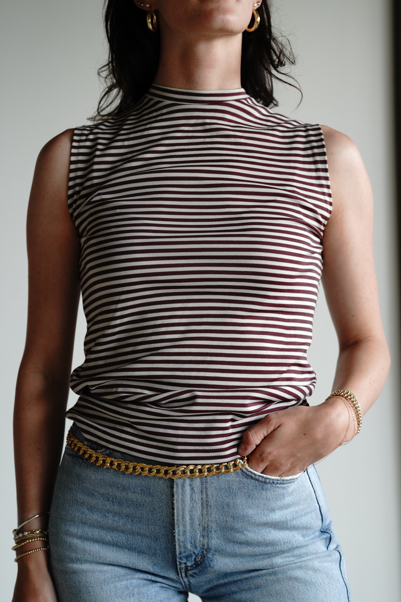 Vintage Striped Mock Neck Top