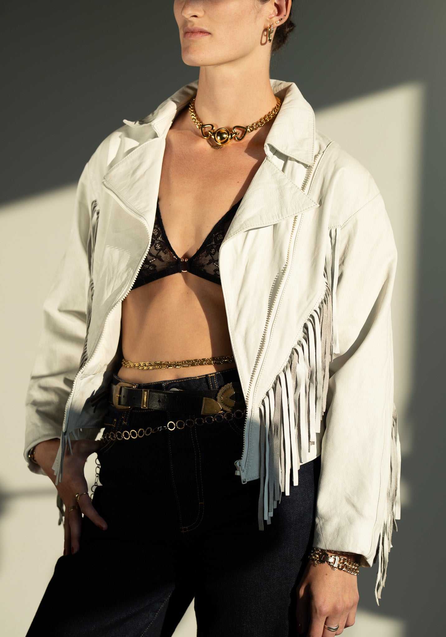 Vintage 80s White Leather Fringe Jacket