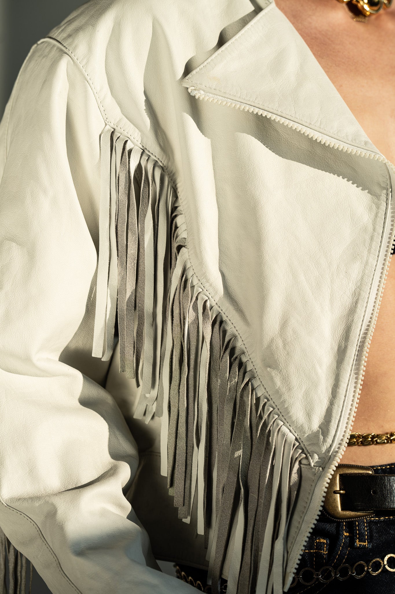 Vintage 80s White Leather Fringe Jacket