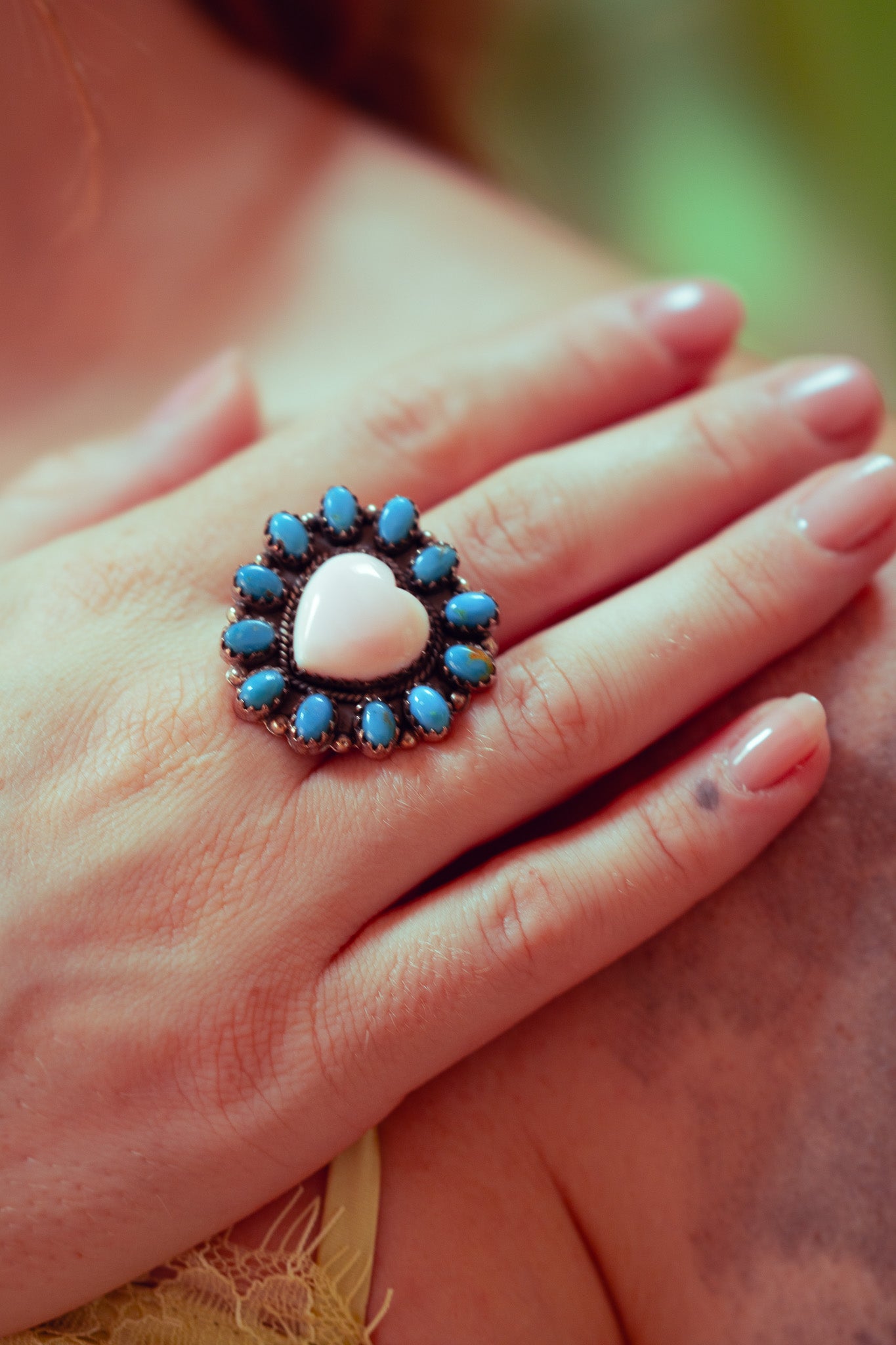 Native American Sterling Silver Pink Conch Heart Ring
