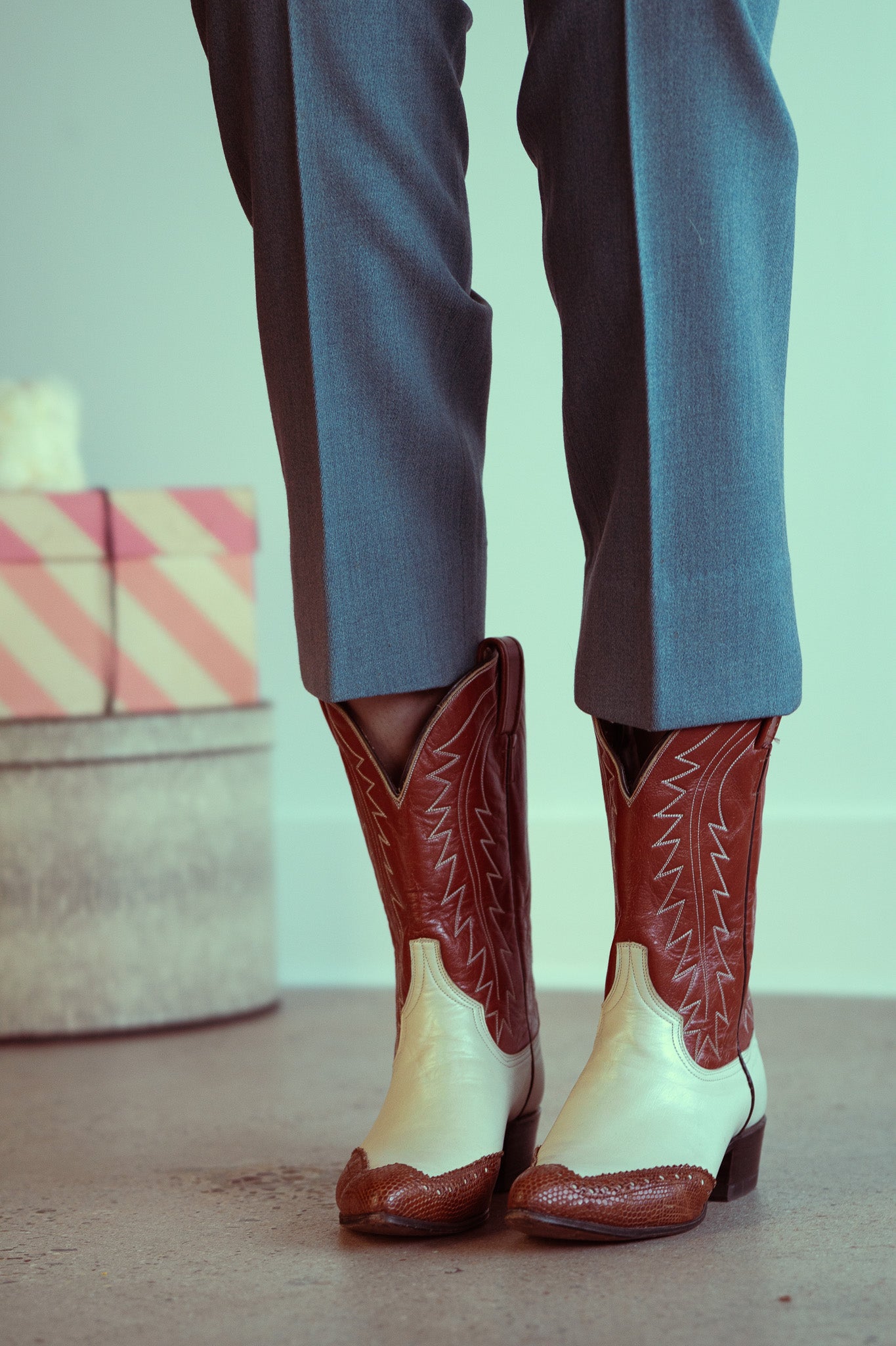 Vintage Two Tone Brogue Cowboy Boots