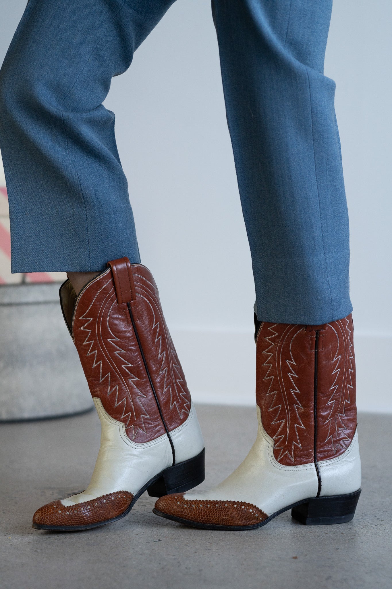 Vintage Two Tone Brogue Cowboy Boots