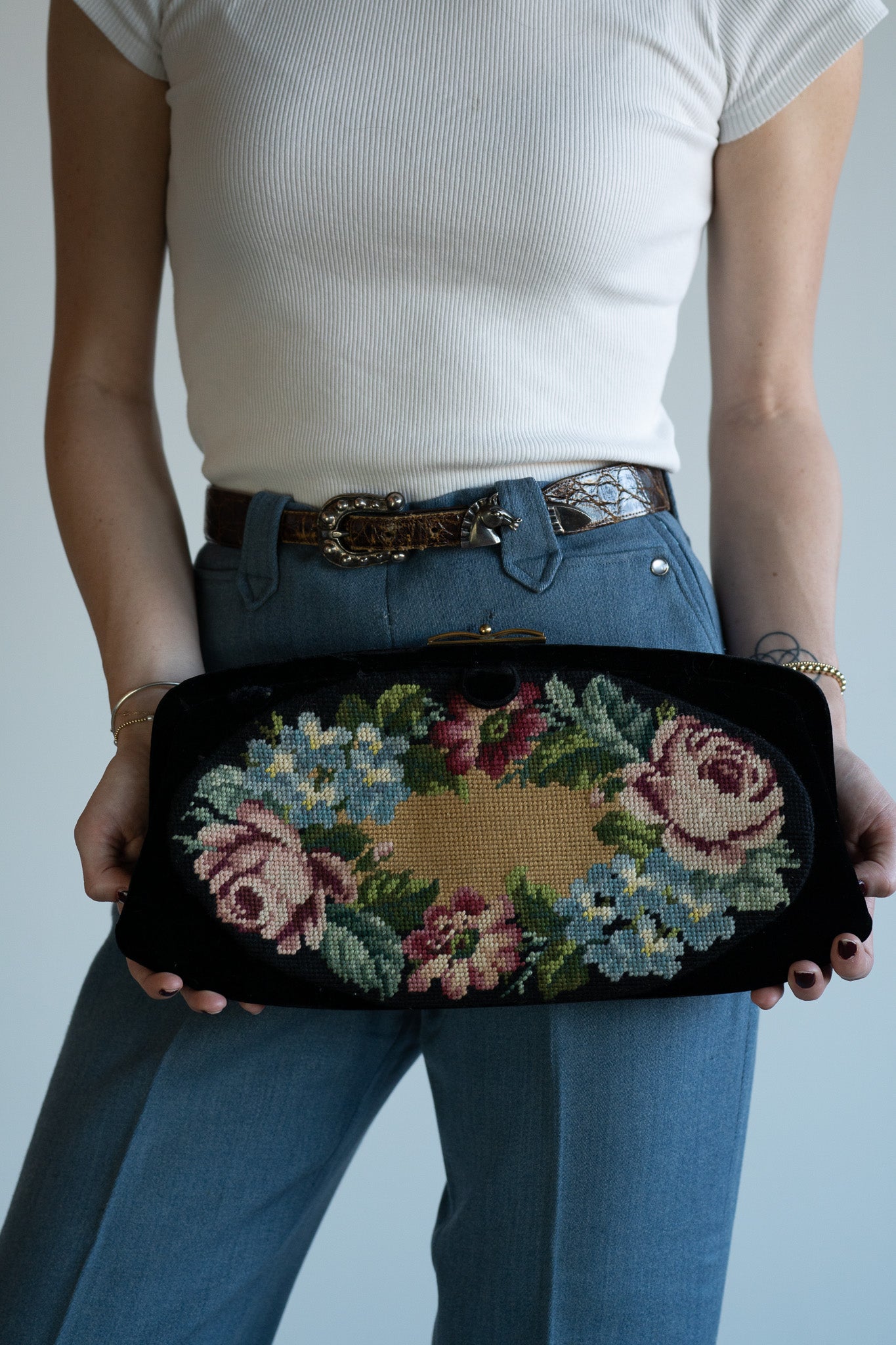 Vintage Black Velvet Needlepoint Clutch w/ Floral Tapestry Panel