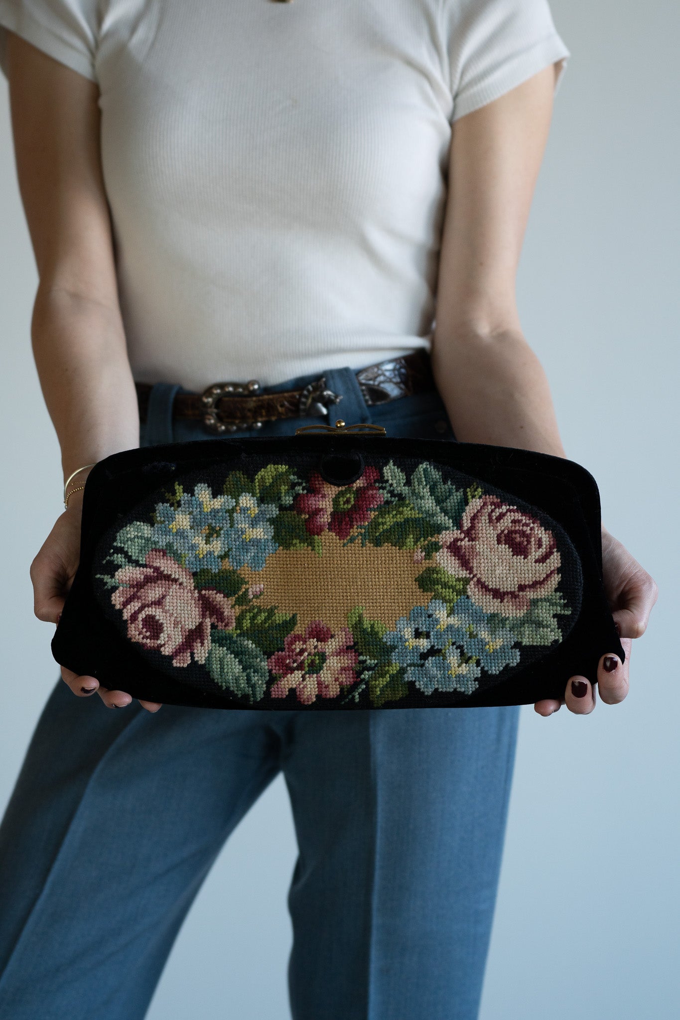 Vintage Black Velvet Needlepoint Clutch w/ Floral Tapestry Panel