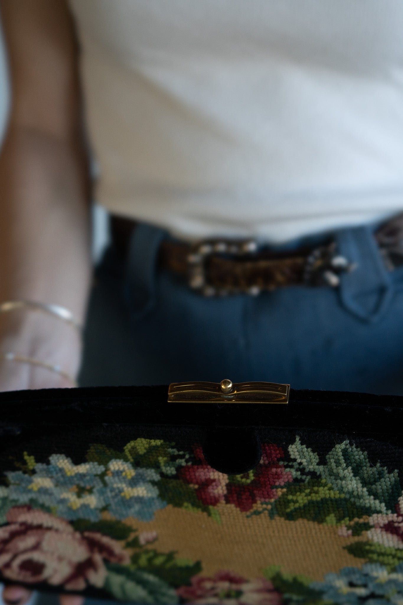 Vintage Black Velvet Needlepoint Clutch w/ Floral Tapestry Panel