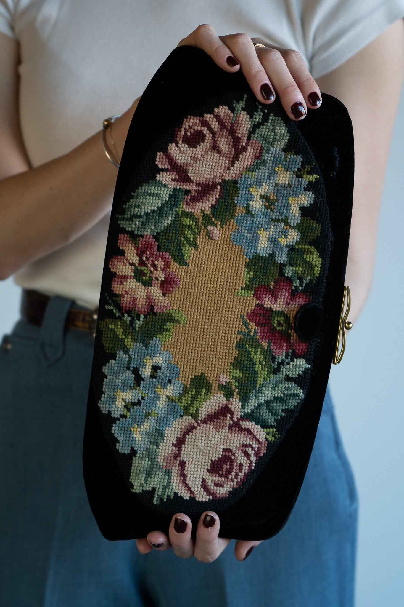 Vintage Black Velvet Needlepoint Clutch w/ Floral Tapestry Panel