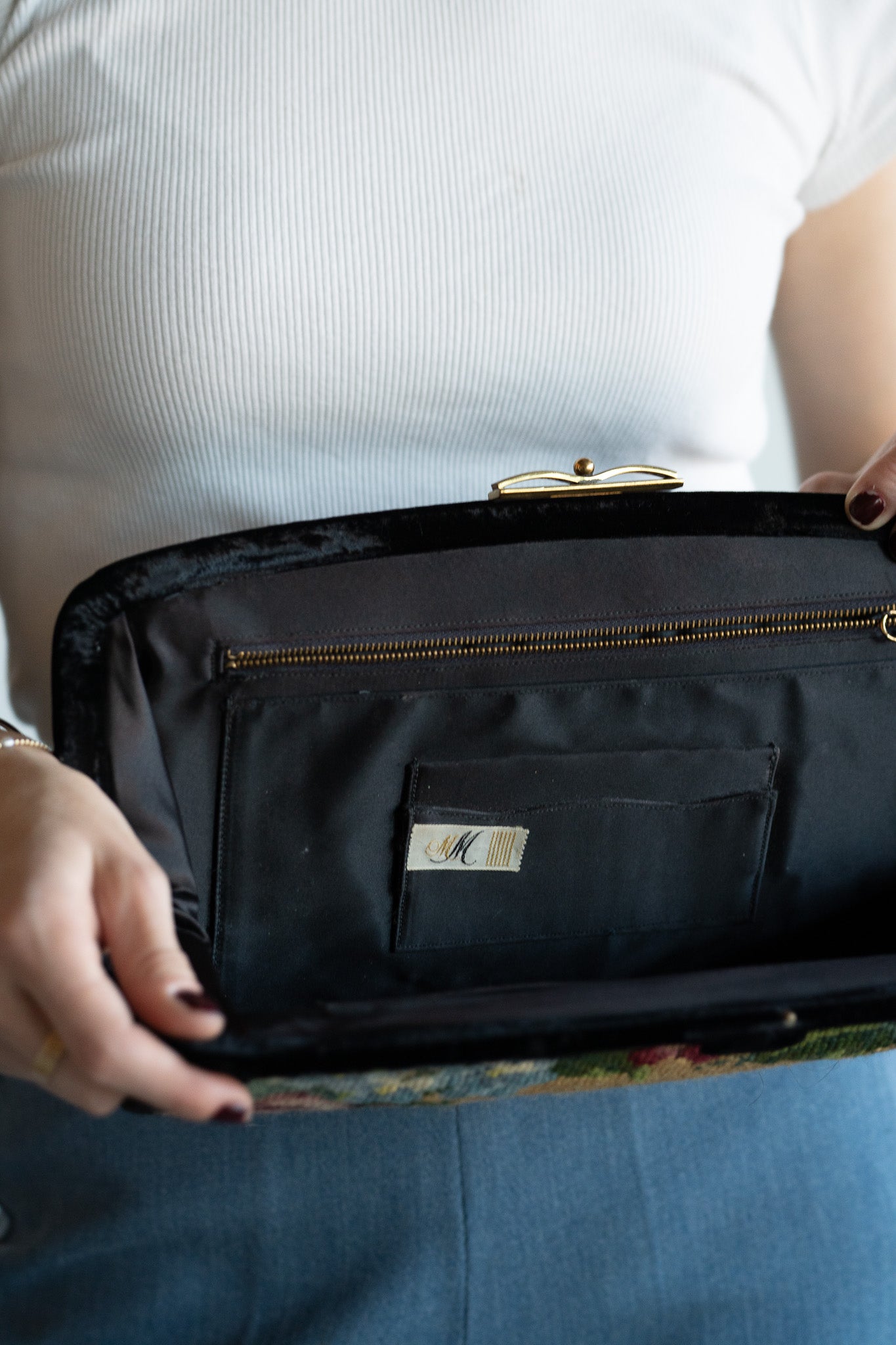Vintage Black Velvet Needlepoint Clutch w/ Floral Tapestry Panel
