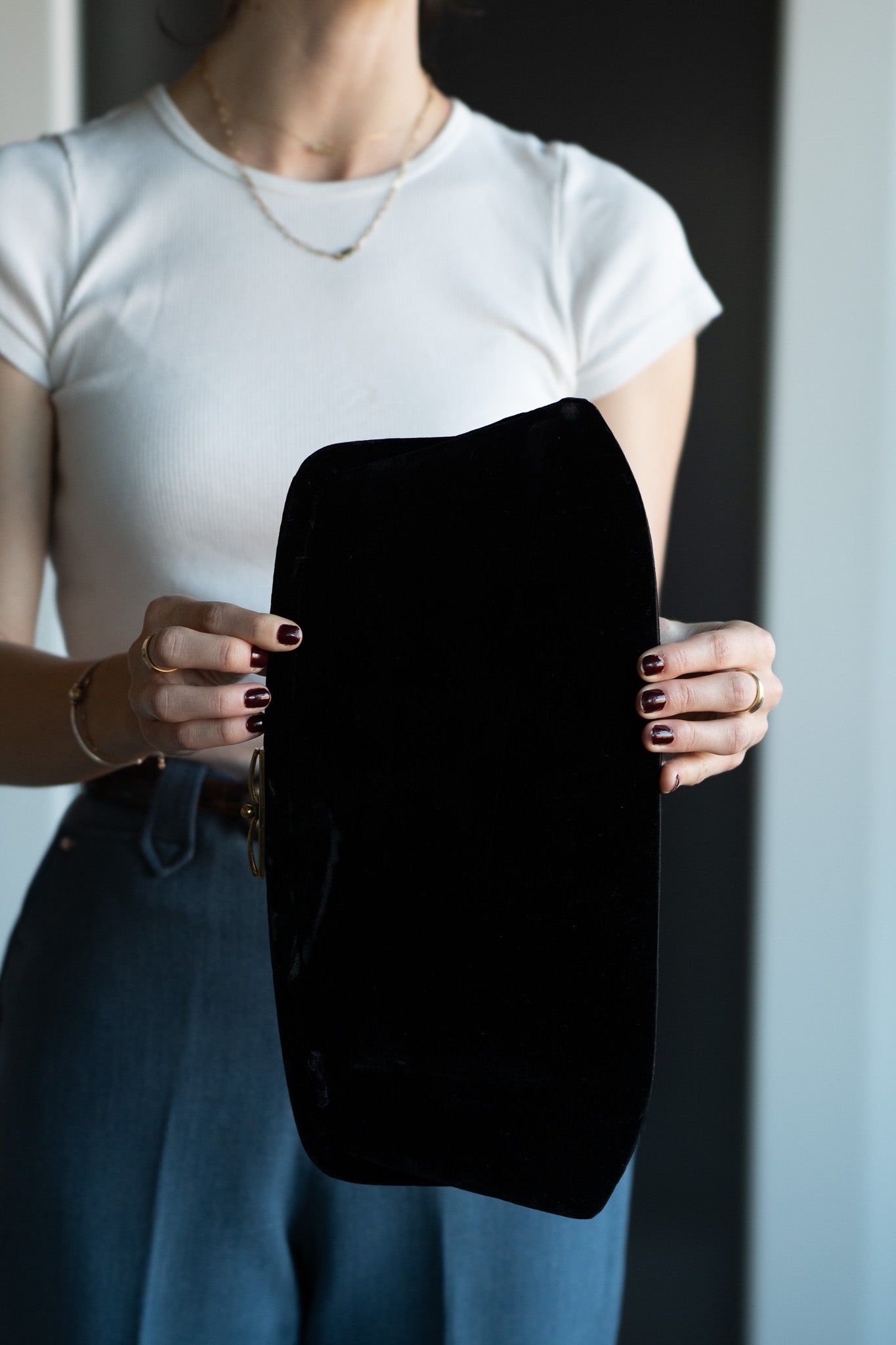 Vintage Black Velvet Needlepoint Clutch w/ Floral Tapestry Panel