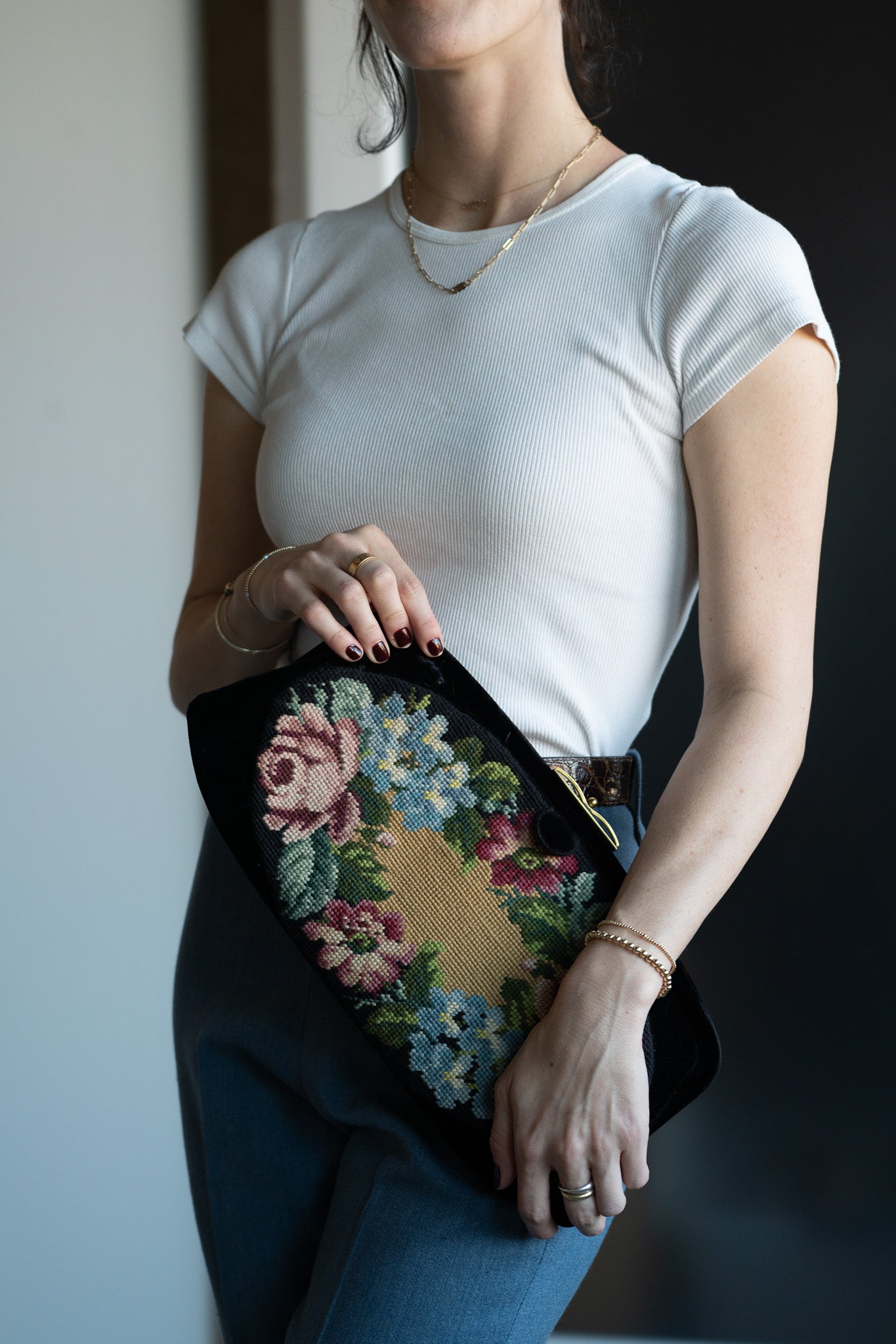 Vintage Black Velvet Needlepoint Clutch w/ Floral Tapestry Panel
