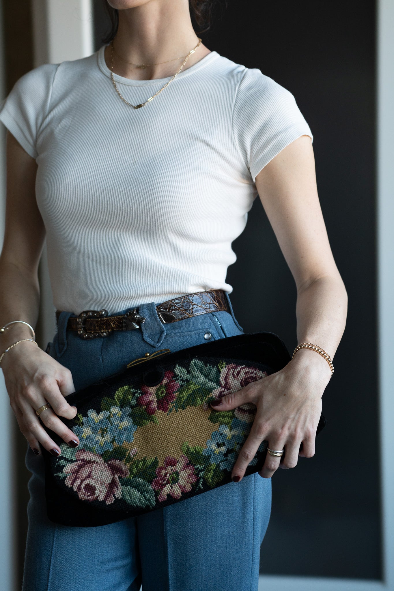 Vintage Black Velvet Needlepoint Clutch w/ Floral Tapestry Panel