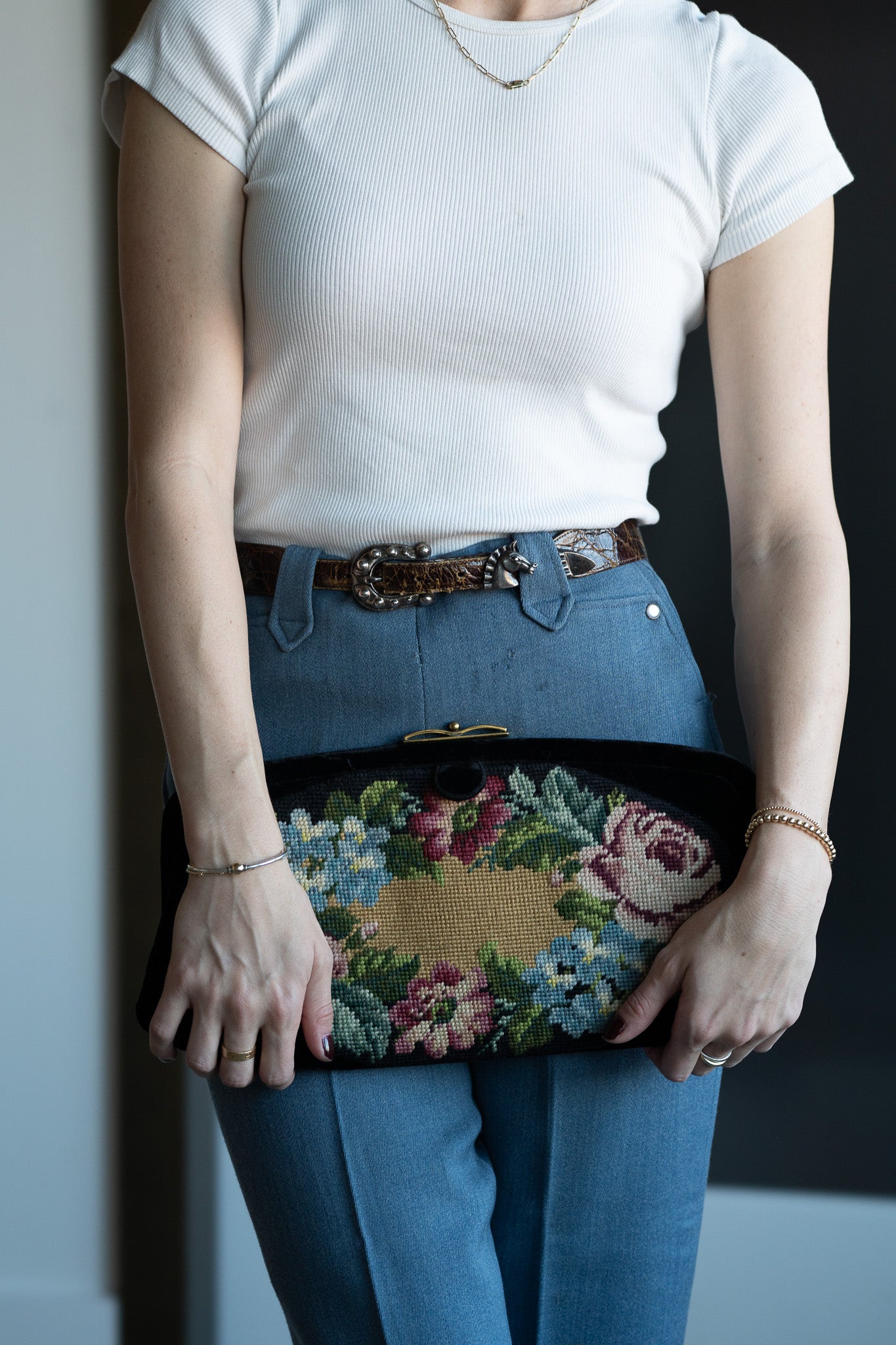 Vintage Black Velvet Needlepoint Clutch w/ Floral Tapestry Panel