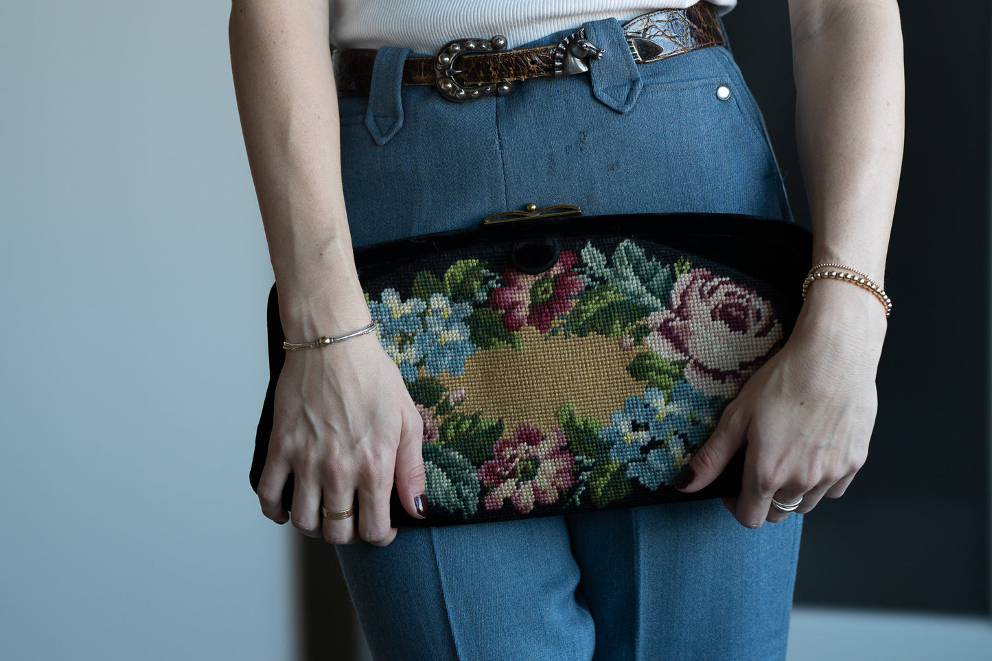 Vintage Black Velvet Needlepoint Clutch w/ Floral Tapestry Panel
