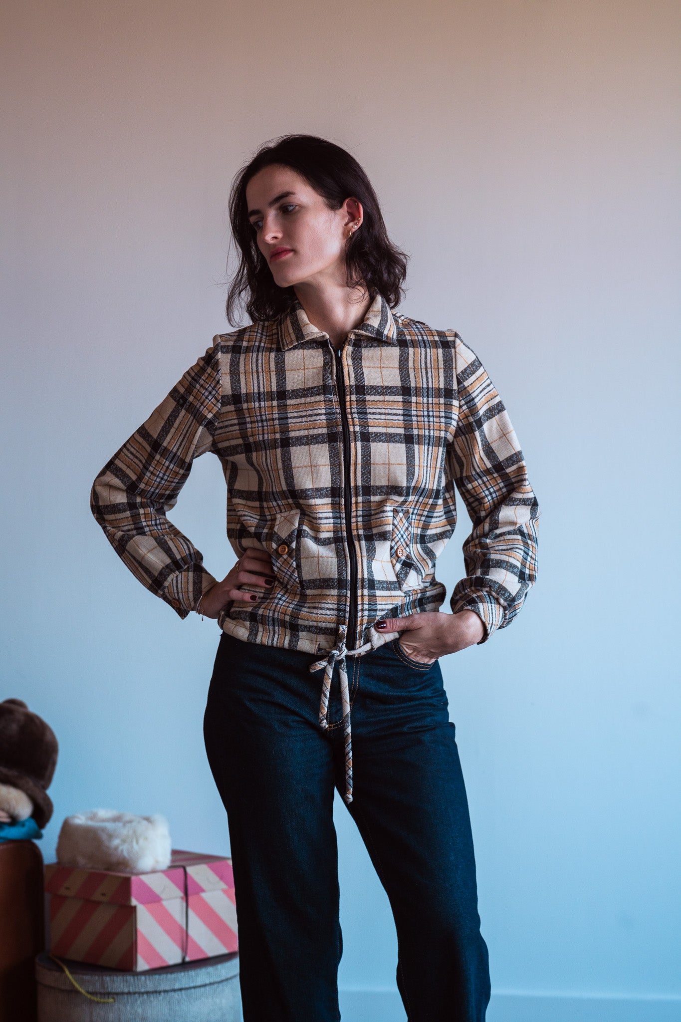 Vintage 70s Cinch Waist Plaid Harrington Style Jacket