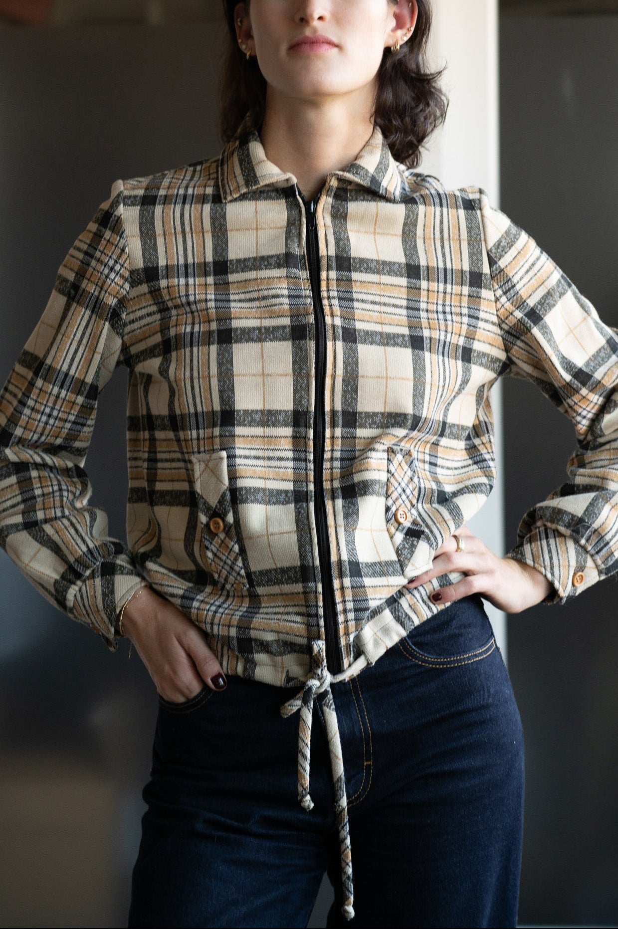 Vintage 70s Cinch Waist Plaid Harrington Style Jacket