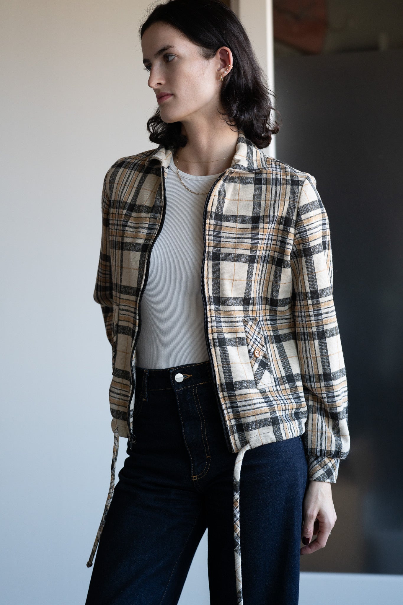 Vintage 70s Cinch Waist Plaid Harrington Style Jacket