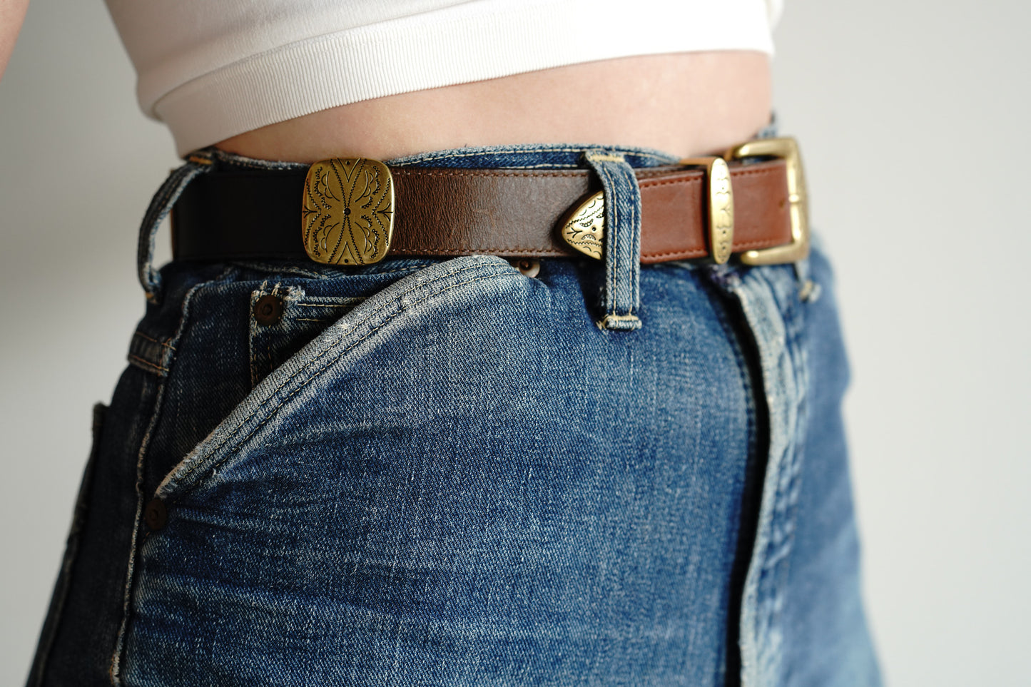 Vintage 90s Two Tone Leather Belt Brass Medallions