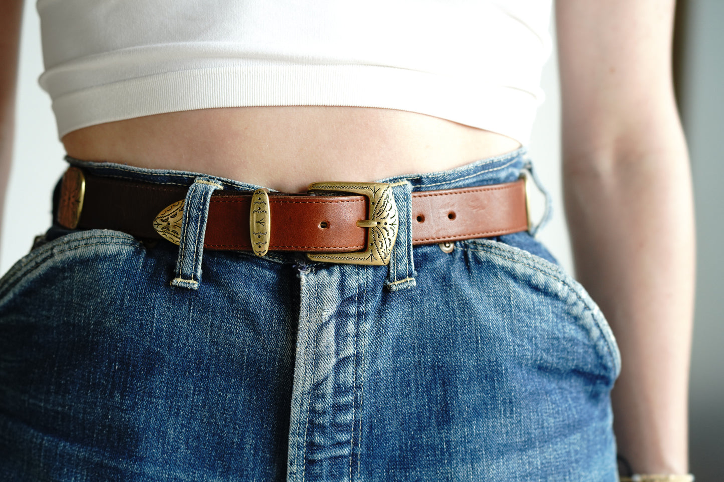 Vintage 90s Two Tone Leather Belt Brass Medallions