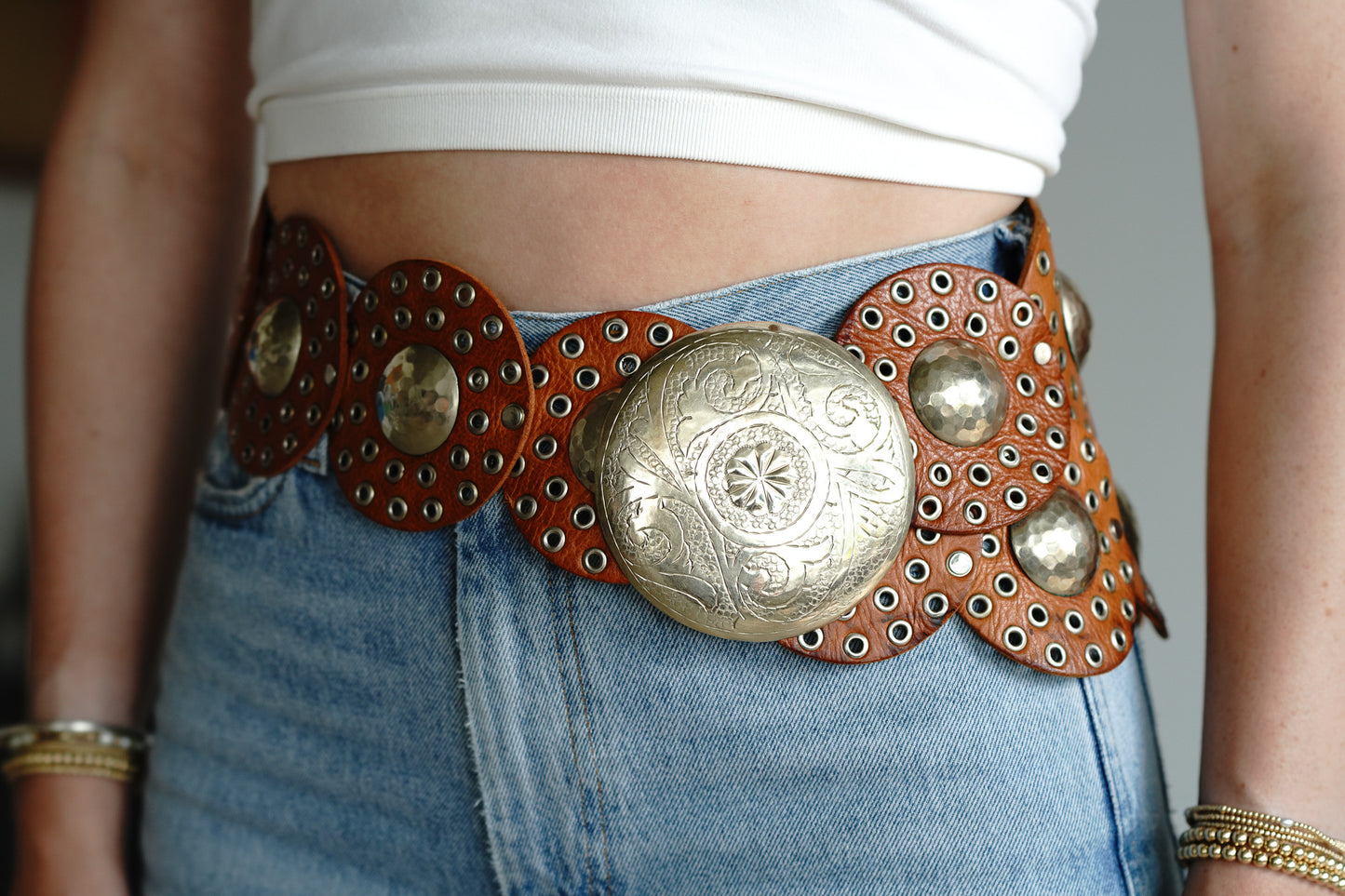 Vintage Western Leather + Metal Disc Belt