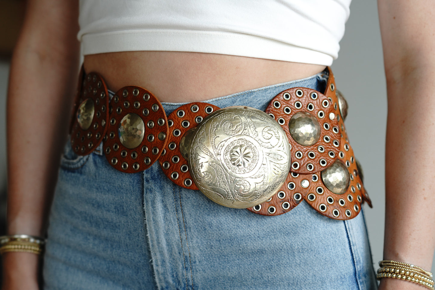 Vintage Western Leather + Metal Disc Belt