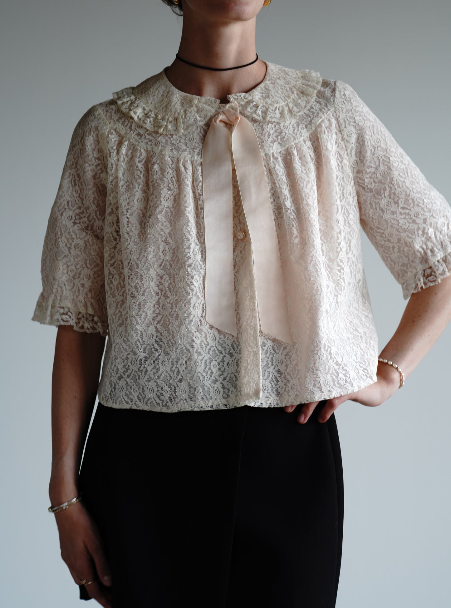 Vintage 50s Lace Bedcoat w/ Satin Bow