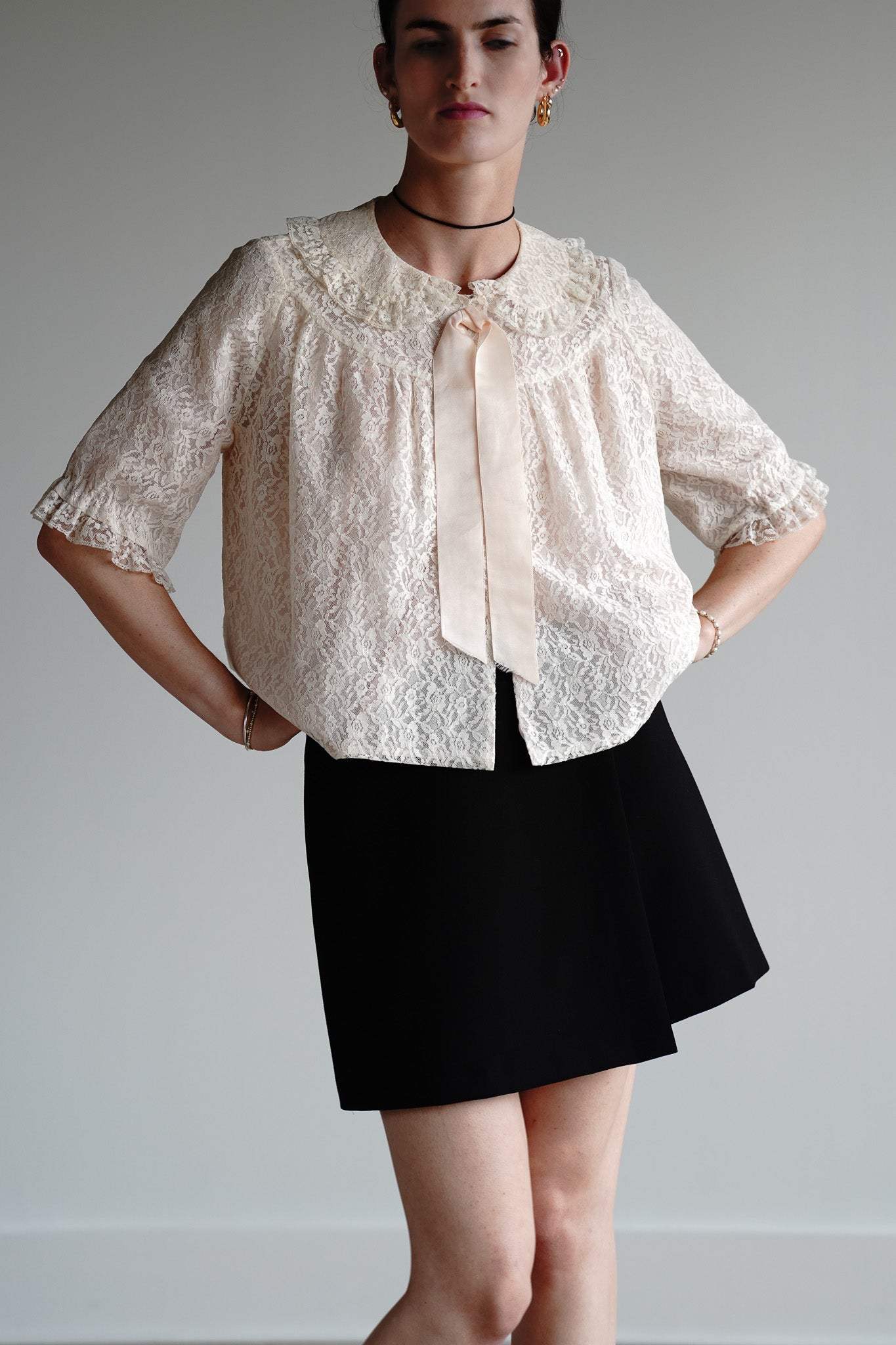 Vintage 50s Lace Bedcoat w/ Satin Bow