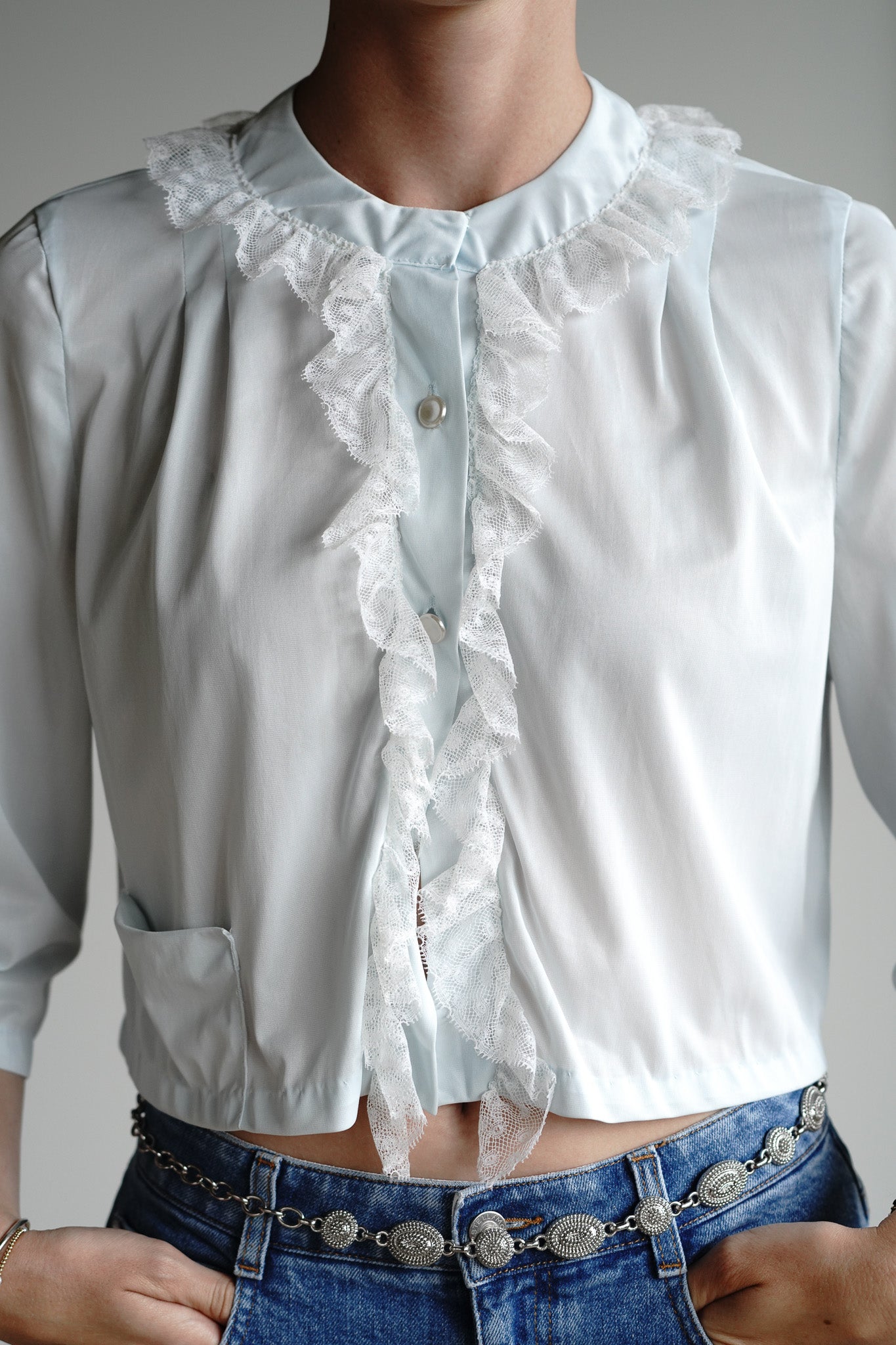Vintage 60s Baby Blue Peignoir Ruffle Top