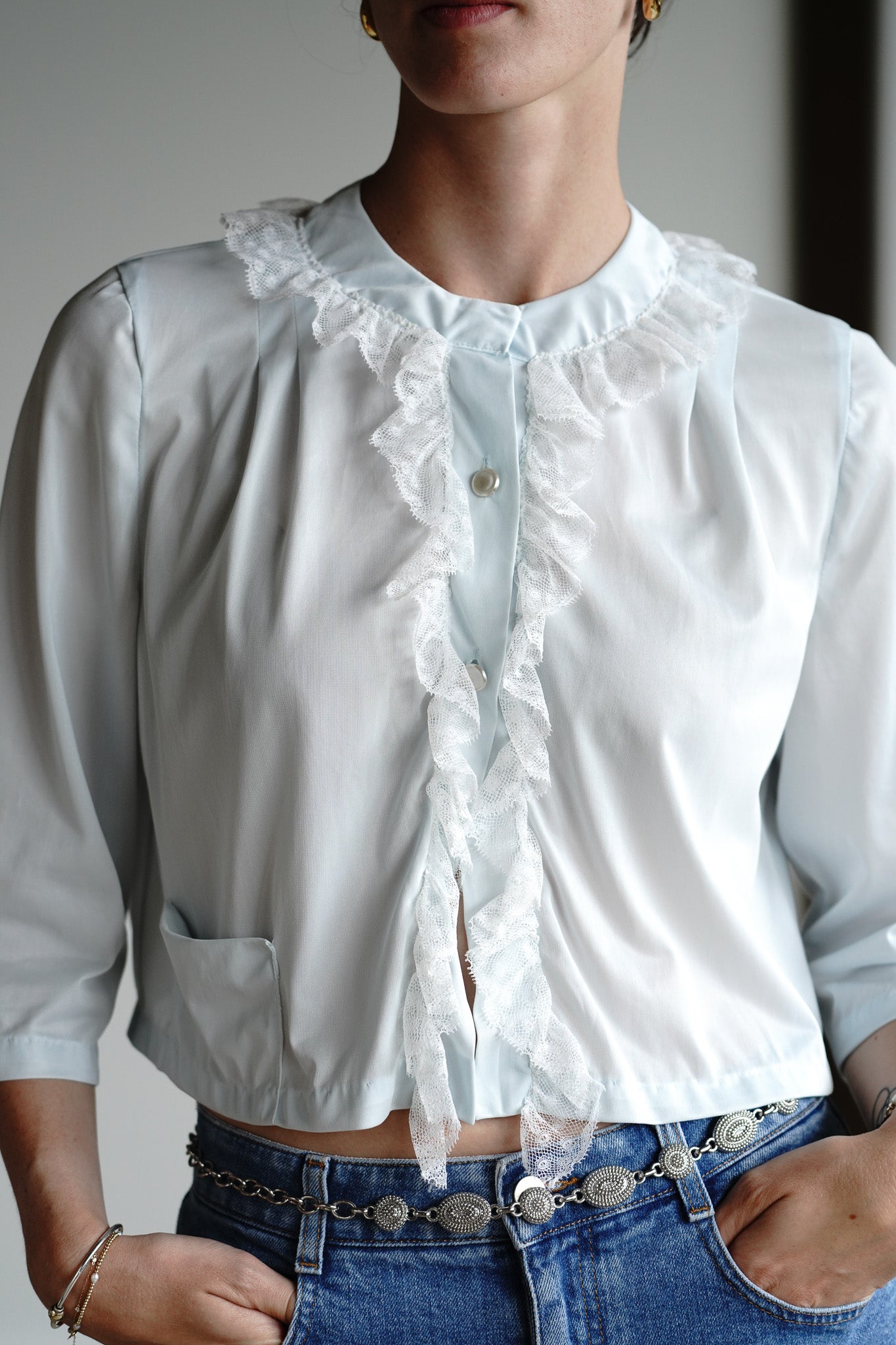 Vintage 60s Baby Blue Peignoir Ruffle Top