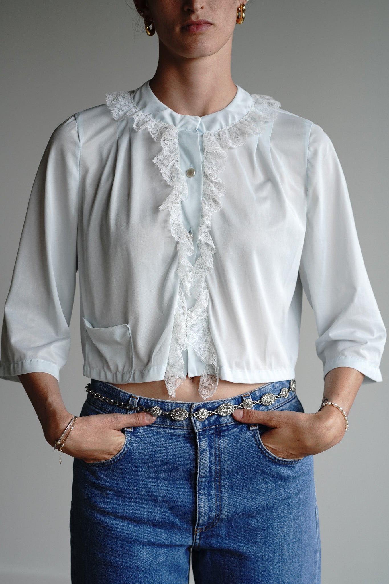 Vintage 60s Baby Blue Peignoir Ruffle Top
