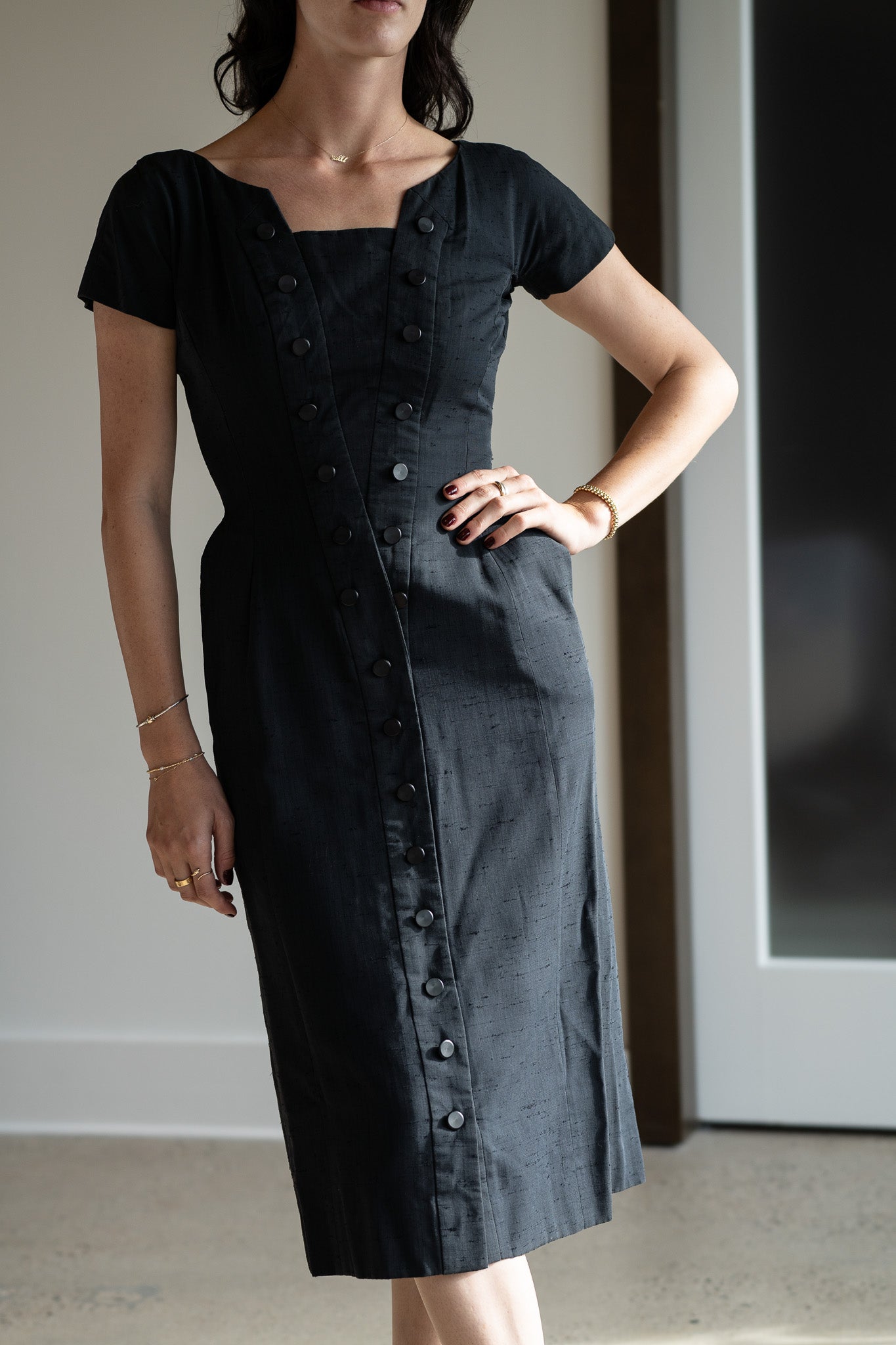 Vintage 50s Silk Shantung Fitted Black Wiggle Dress