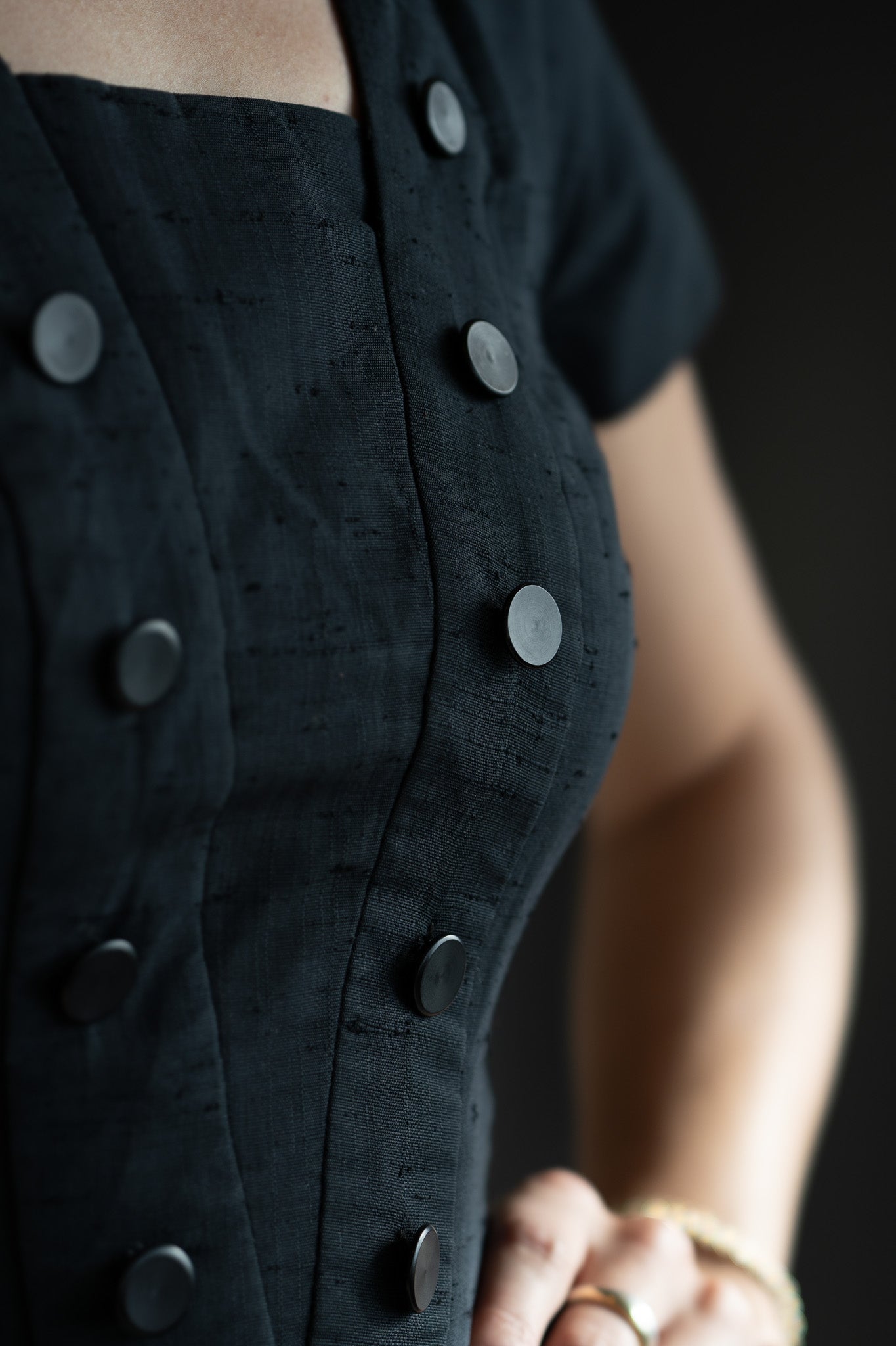 Vintage 50s Silk Shantung Fitted Black Wiggle Dress