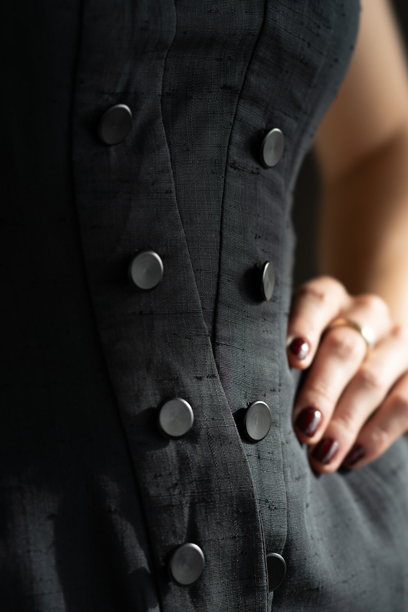 Vintage 50s Silk Shantung Fitted Black Wiggle Dress