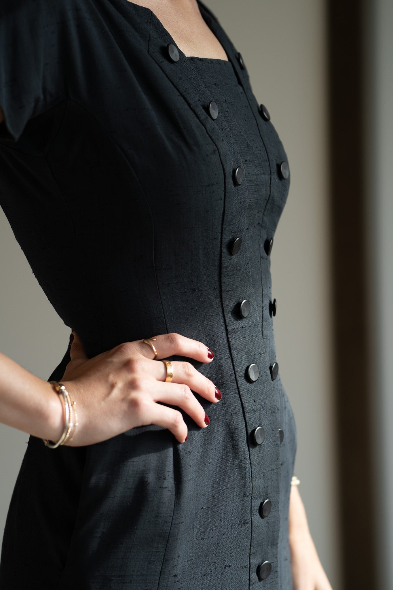 Vintage 50s Silk Shantung Fitted Black Wiggle Dress