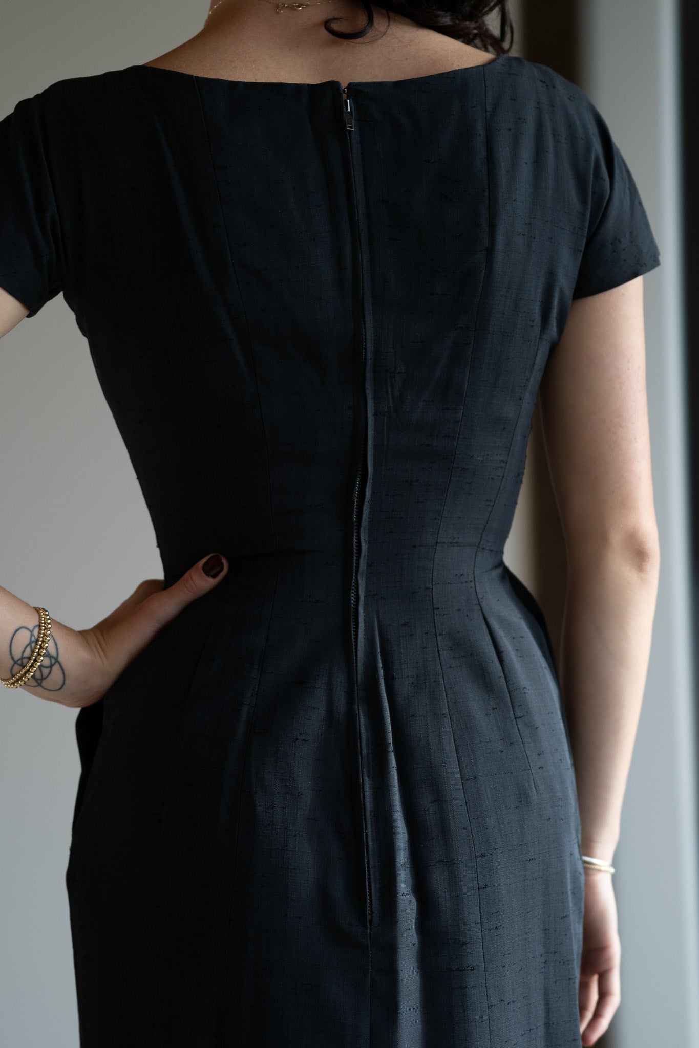 Vintage 50s Silk Shantung Fitted Black Wiggle Dress