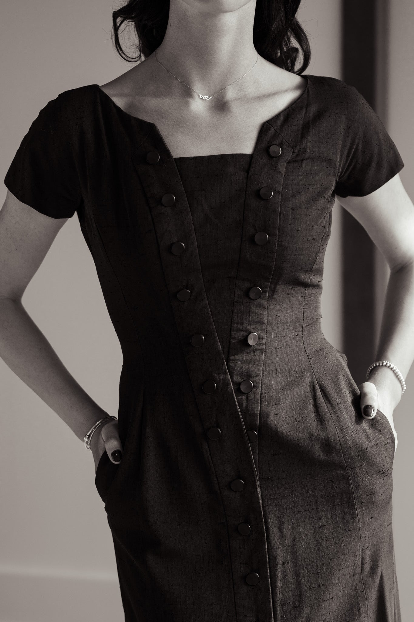 Vintage 50s Silk Shantung Fitted Black Wiggle Dress