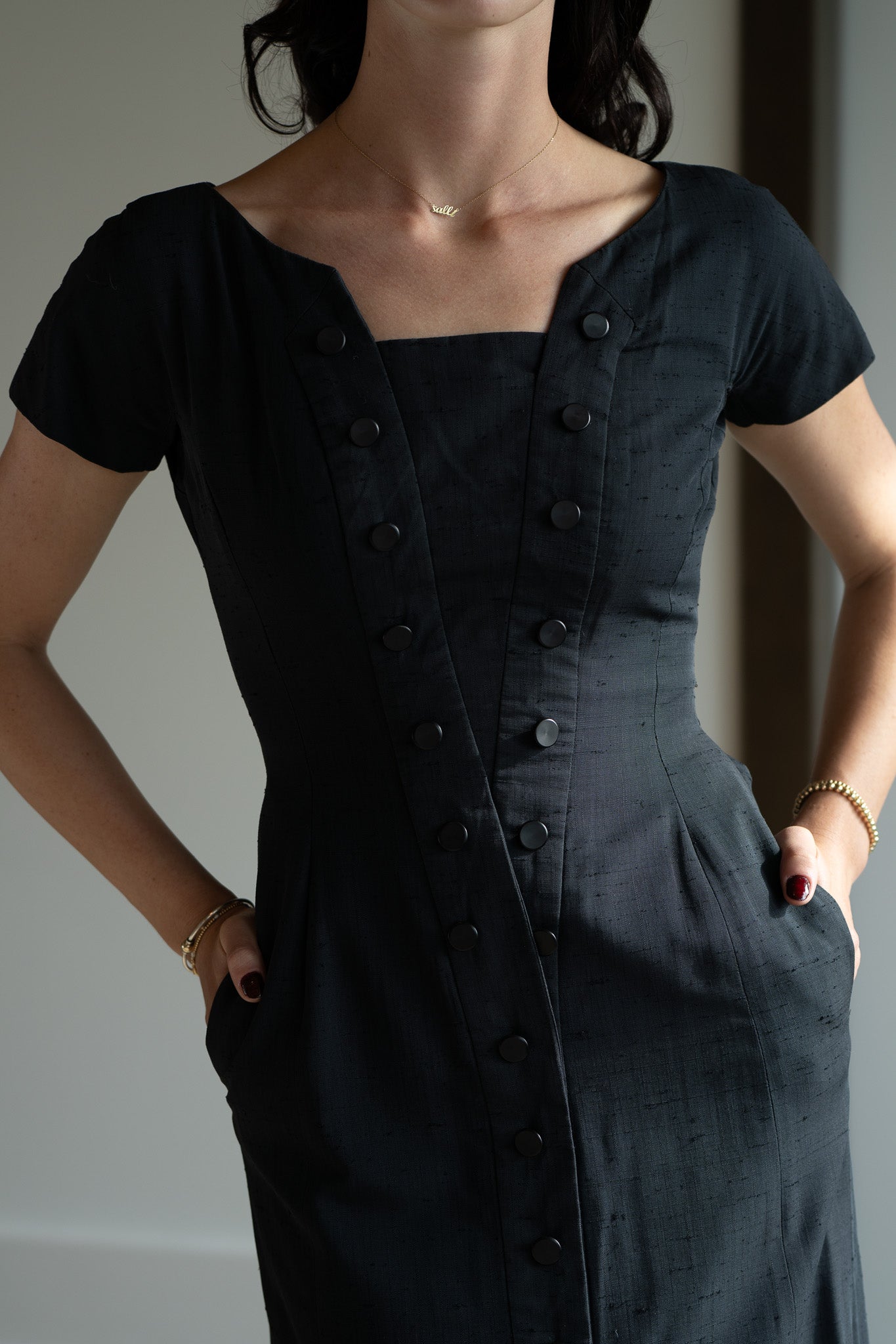 Vintage 50s Silk Shantung Fitted Black Wiggle Dress