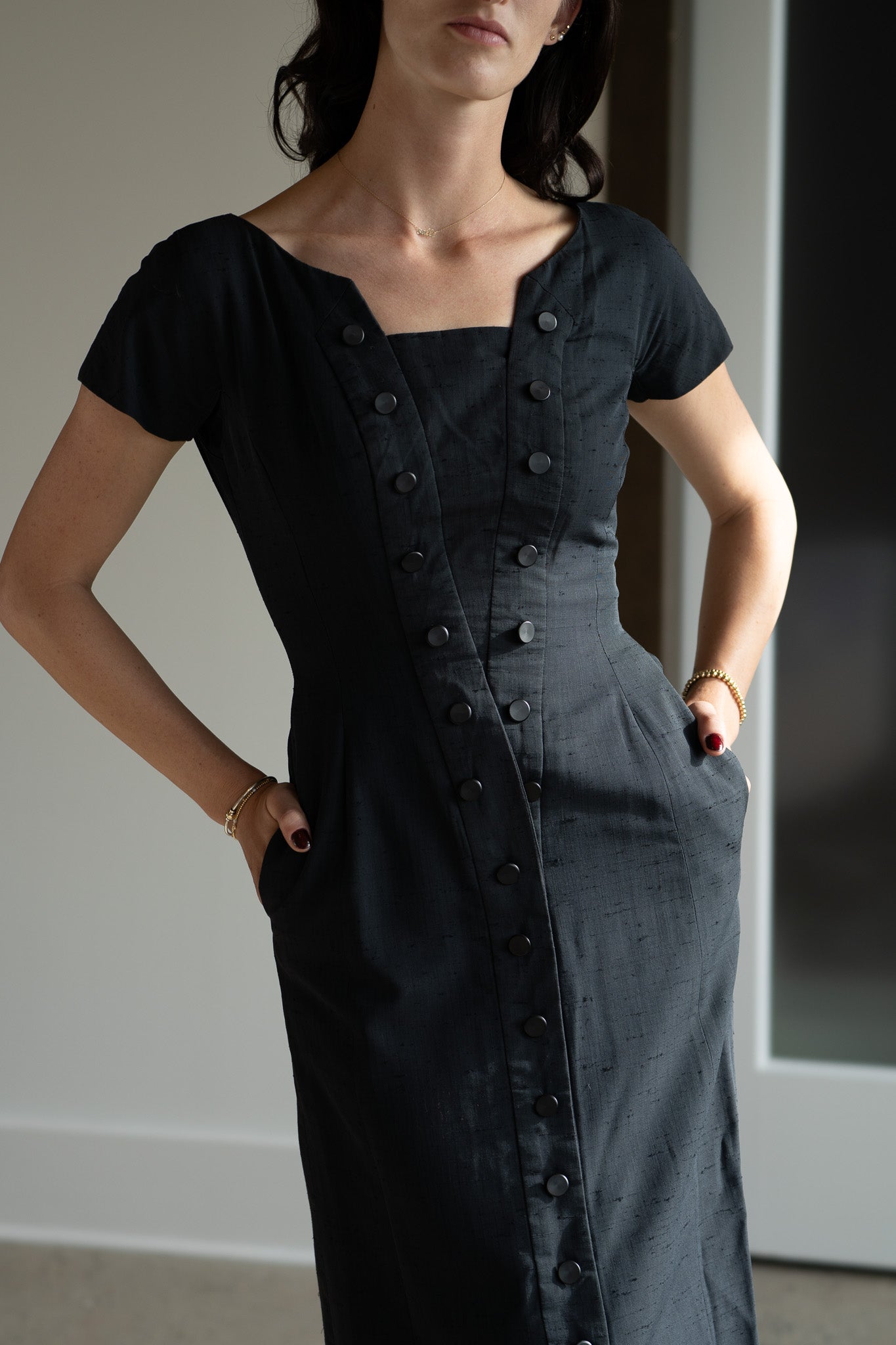 Vintage 50s Silk Shantung Fitted Black Wiggle Dress