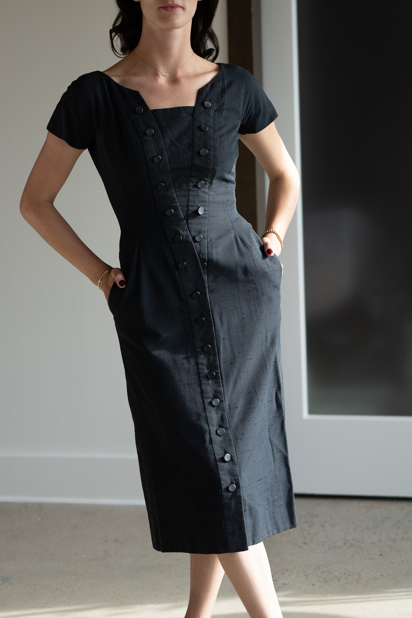 Vintage 50s Silk Shantung Fitted Black Wiggle Dress