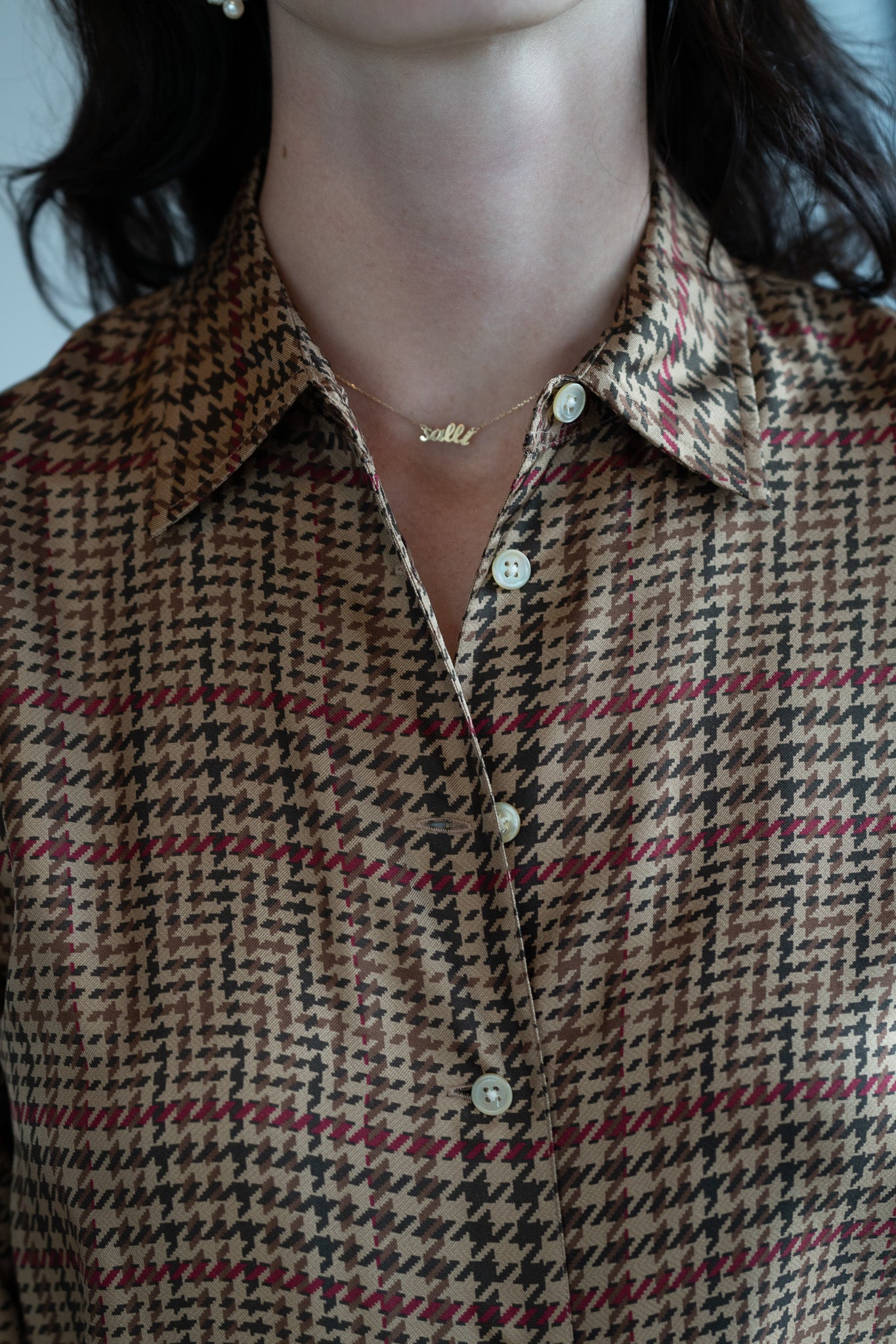 Vintage 90s Silk Houndstooth Equestrian Button Up