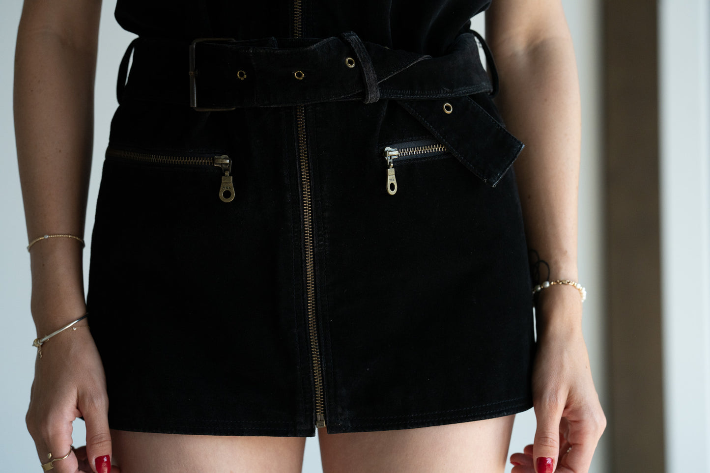 Vintage Suede Zip Front Micro Dress