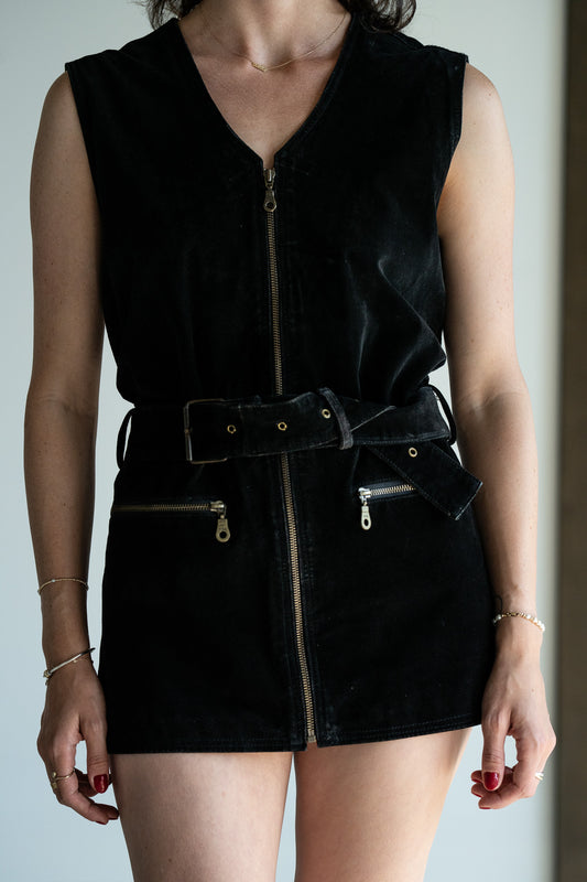Vintage Suede Zip Front Micro Dress