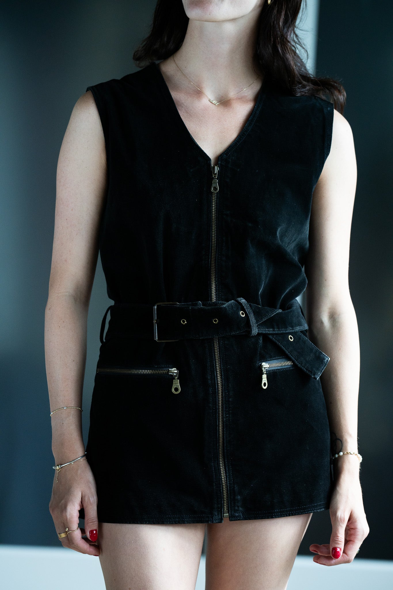 Vintage Suede Zip Front Micro Dress