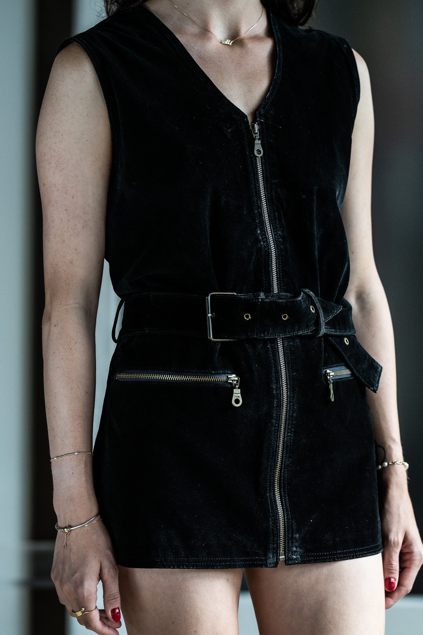 Vintage Suede Zip Front Micro Dress