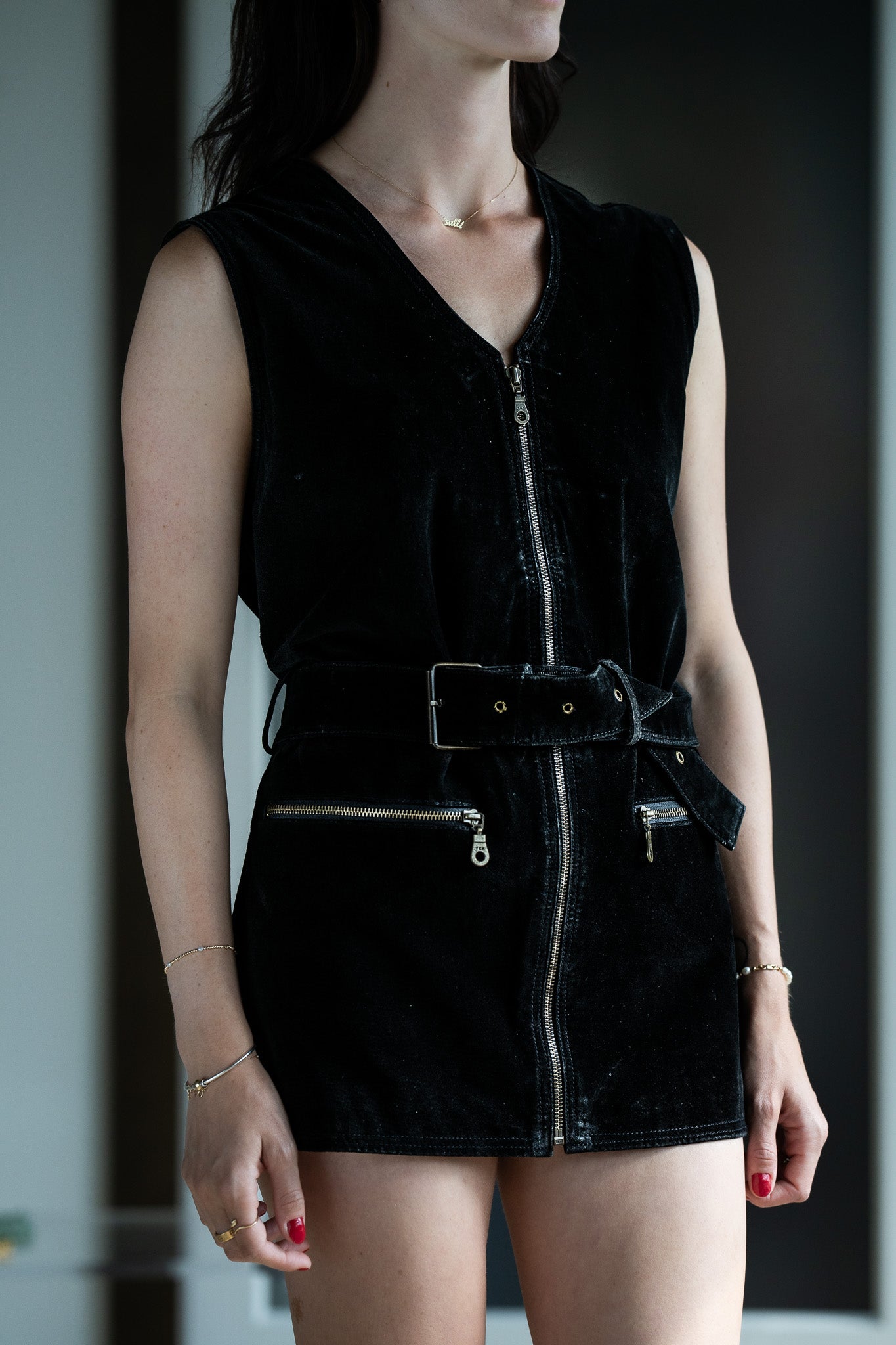 Vintage Suede Zip Front Micro Dress