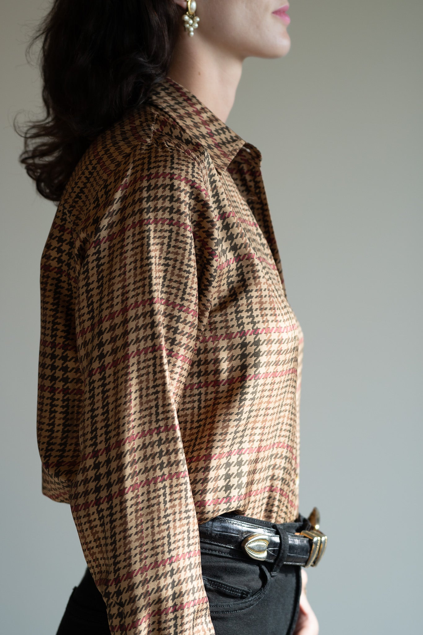 Vintage 90s Silk Houndstooth Equestrian Button Up