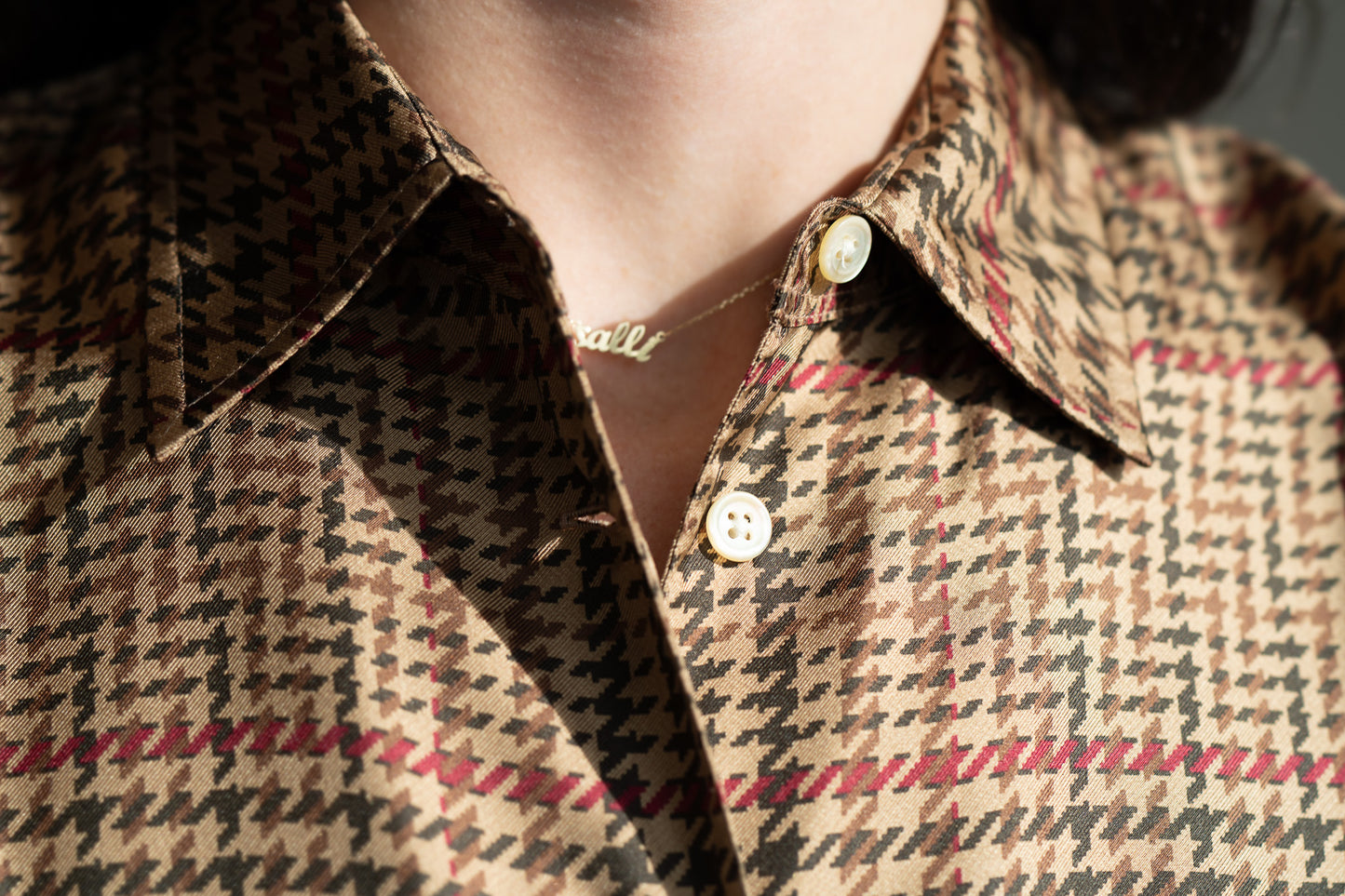 Vintage 90s Silk Houndstooth Equestrian Button Up