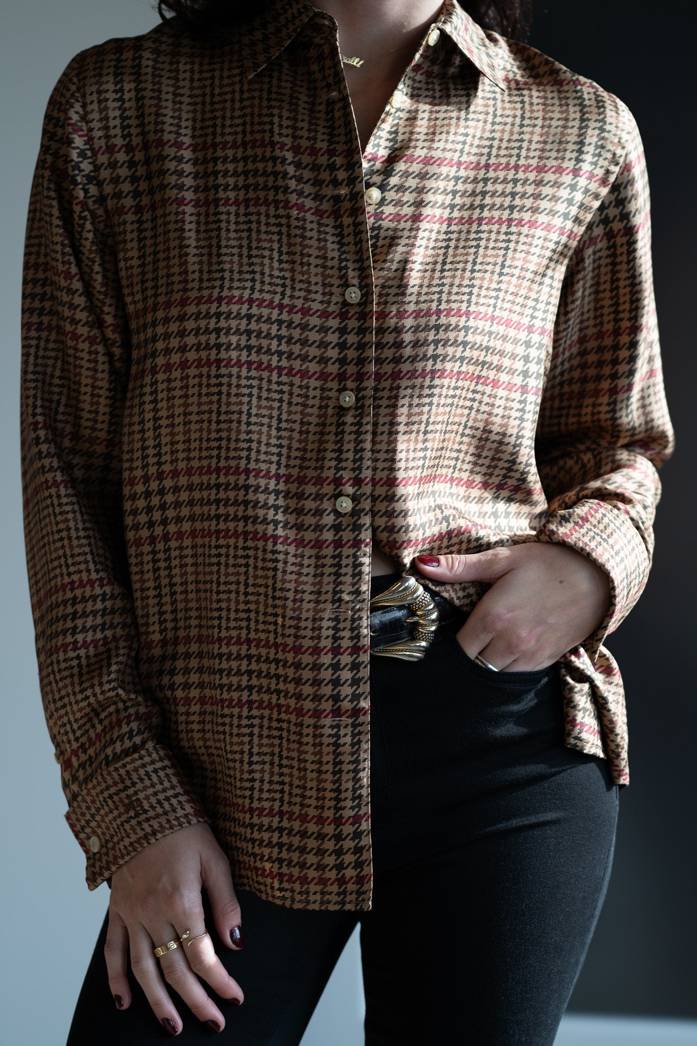 Vintage 90s Silk Houndstooth Equestrian Button Up