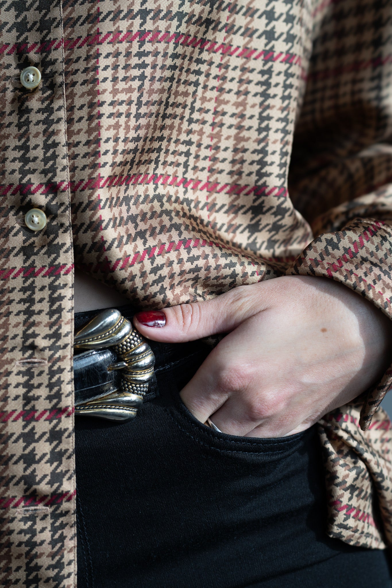 Vintage 90s Silk Houndstooth Equestrian Button Up