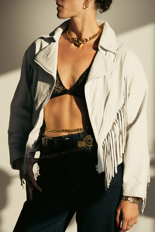 Vintage 80s White Leather Fringe Jacket